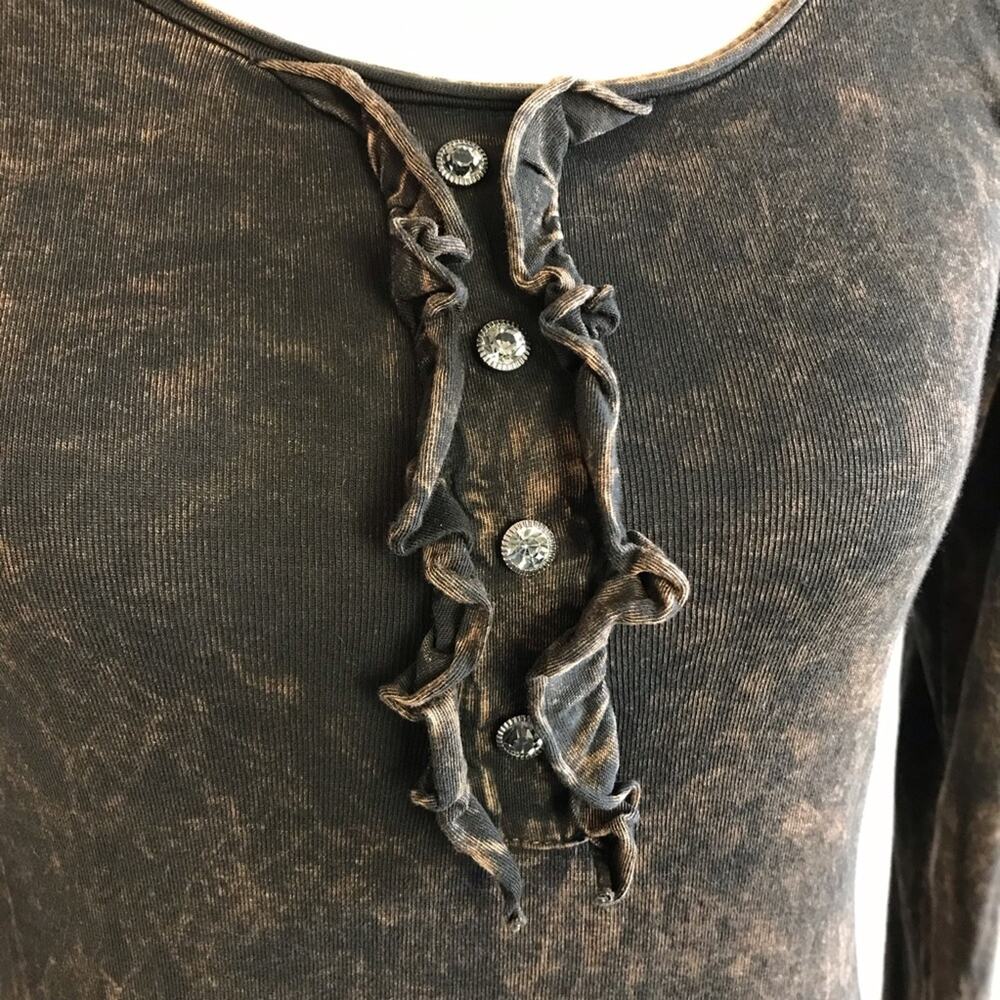 T Party Brown Stone Wash Burnout Long Sleeve Scoop Neck Fitted Tee-Shirt Small - Picture 12 of 13